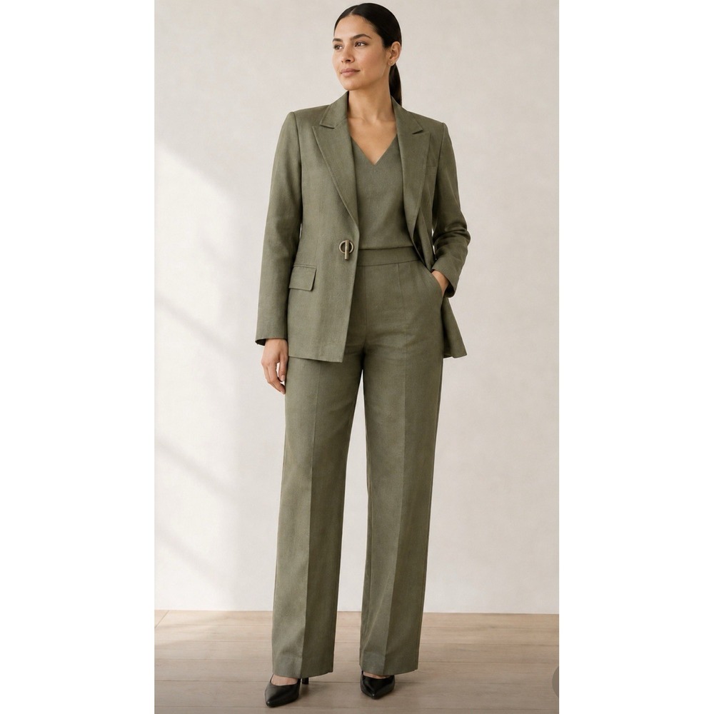 Kasper 3PC GreenLinen Blend Pants Suit Sz 10P Blazer/tank/Pants Lined Business